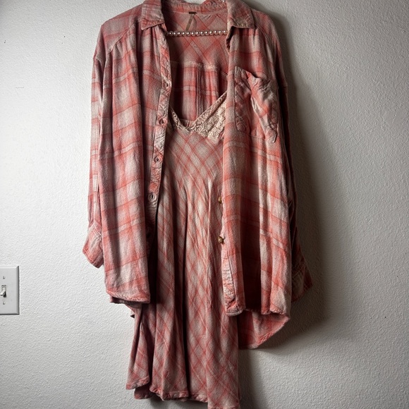 Free People Gracie Slip Dress in Pink Plaid with Oversized Button Up Shirt. XS - Picture 4 of 7